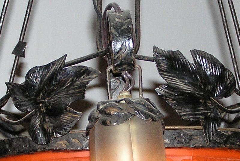 Antique French Art Deco Wrought Iron and Glass Chandelier