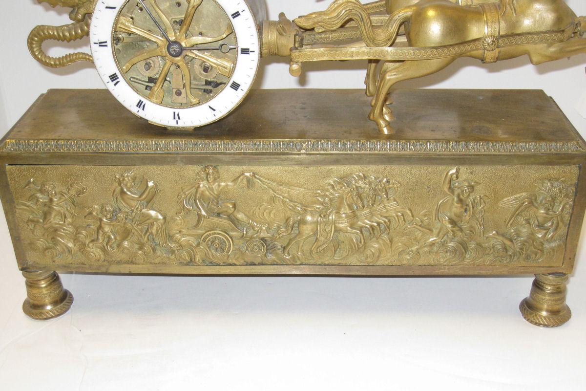 Anitque French Directoire Empire Period Chariot Form Bronze Mantel Clock