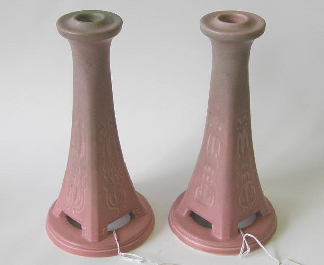 Pair '20 Rookwood Red Glaze Candlesticks