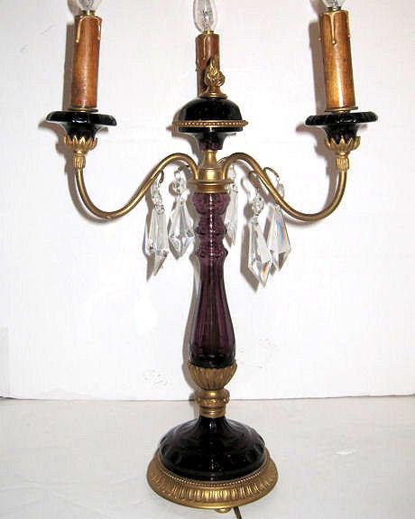 Pair Mid Century French Gilt Metal Amethyst Glass Candelabra Lamps