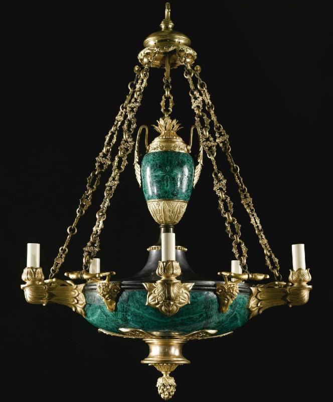 Antique Russian Ormolu Bronze and Malachite Chandelier