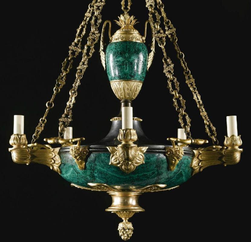 Antique Russian Ormolu Bronze and Malachite Chandelier