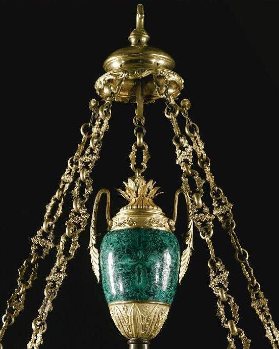 Antique Russian Ormolu Bronze and Malachite Chandelier