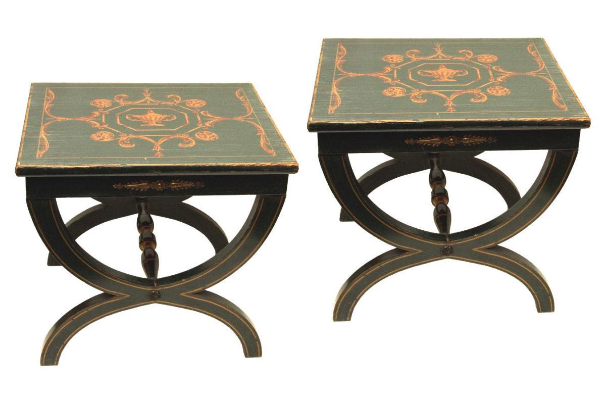 Pair Vintage Neoclassical Painted Low Side Tables or Stools