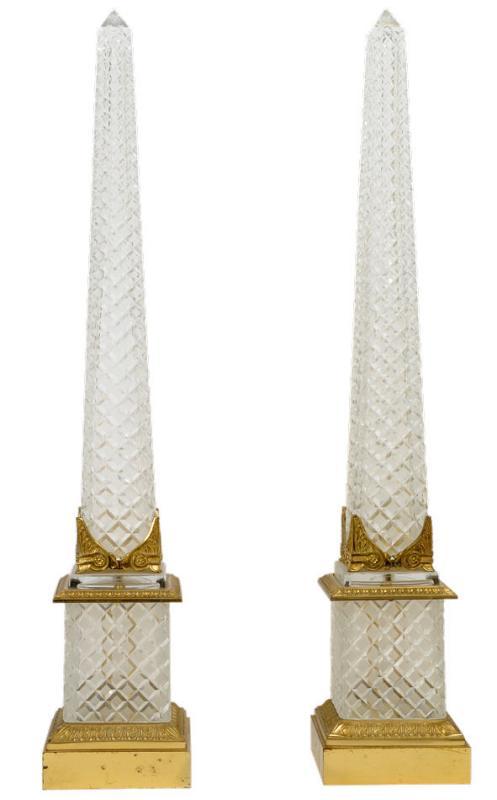 Pair Tall Antique French Empire Style Ormolu Metal & Cut Crystal Obelisks