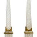 Pair Tall Antique French Empire Style Ormolu Metal & Cut Crystal Obelisks