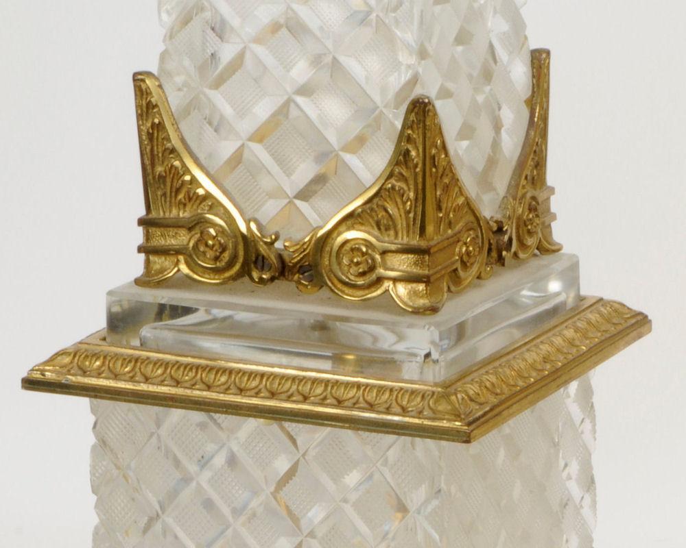 Pair Tall Antique French Empire Style Ormolu Metal & Cut Crystal Obelisks