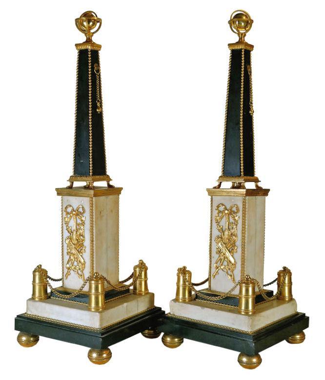 Pair Antique French Louis XVI Ormolu Bronze & Marble Obelisks