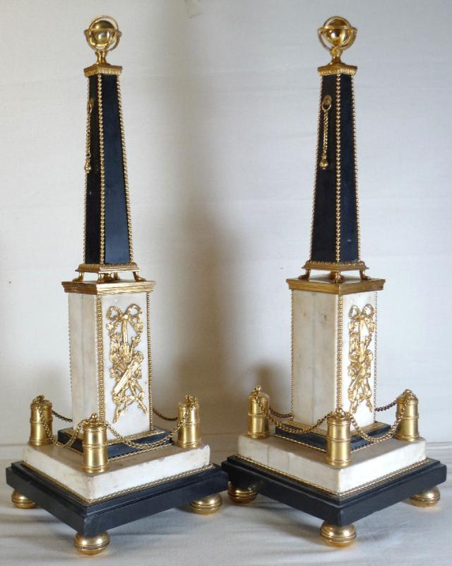 Pair Antique French Louis XVI Ormolu Bronze & Marble Obelisks