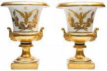 Pair Antique Sevres Napoleonic Empire Period Gilt Porcelain Campana Vases
