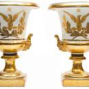Pair Antique Sevres Napoleonic Empire Period Gilt Porcelain Campana Vases