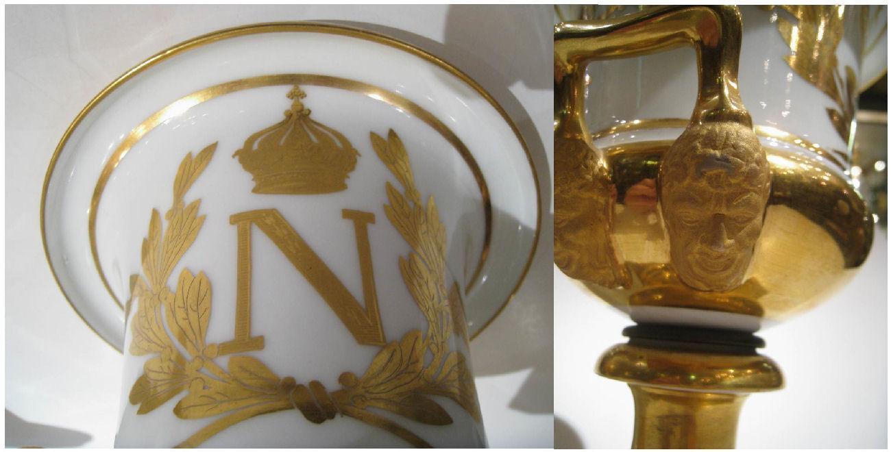 Pair Antique Sevres Napoleonic Empire Period Gilt Porcelain Campana Vases