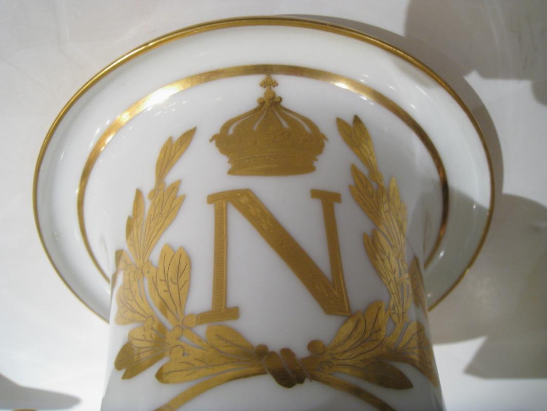 Pair Antique Sevres Napoleonic Empire Period Gilt Porcelain Campana Vases