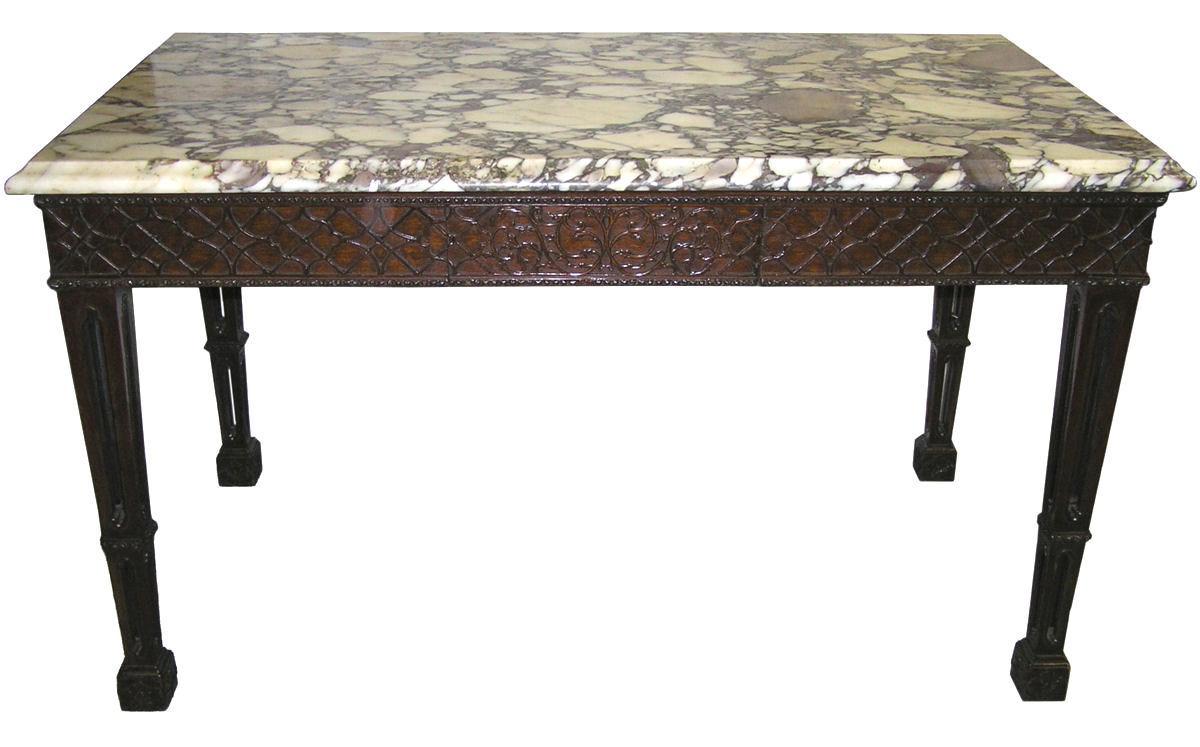 Antique Gothic Revival Marble Top Mahogany Center Table