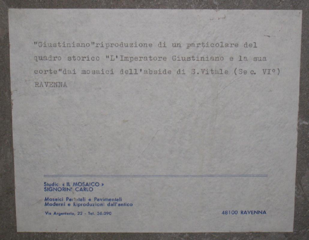 Italian Byzantine Emperor Justinian Mosaic Plaque by Carlo Signorini of Ravenna