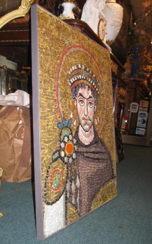 Italian Byzantine Emperor Justinian Mosaic Plaque by Carlo Signorini of Ravenna