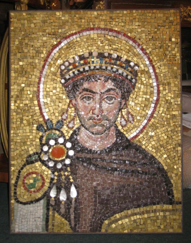 Italian Byzantine Emperor Justinian Mosaic Plaque by Carlo Signorini of Ravenna