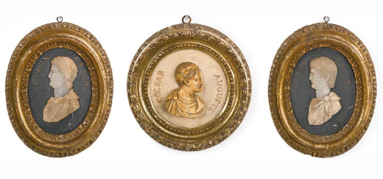 (3) Antique Roman Emperor Caesar Hardstone & Giltwood Plaques