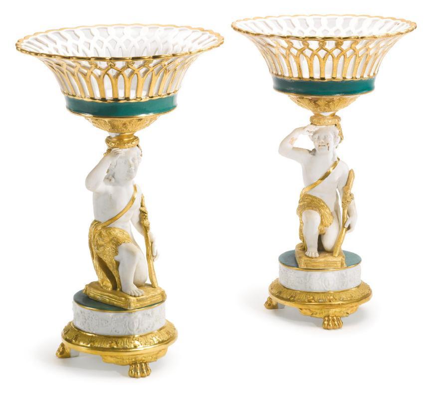 Pair Paris French Charles X Gilt Biscuit Porcelain Figural Baskets Tazzas