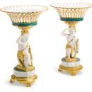 Pair Paris French Charles X Gilt Biscuit Porcelain Figural Baskets Tazzas