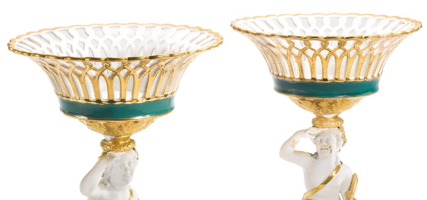 Pair Paris French Charles X Gilt Biscuit Porcelain Figural Baskets Tazzas