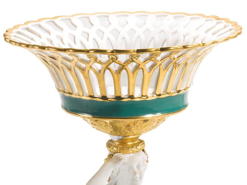 Pair Paris French Charles X Gilt Biscuit Porcelain Figural Baskets Tazzas