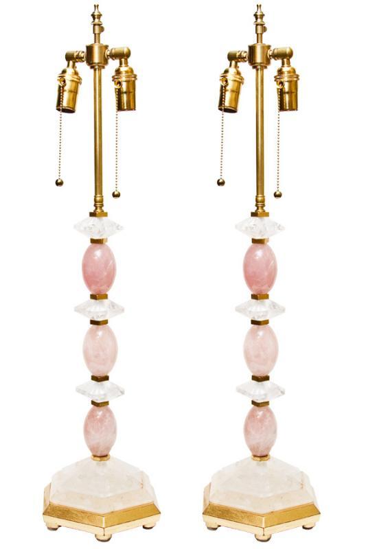 Pair Rock Crystal & Rose Quartz Gilded Table Lamps