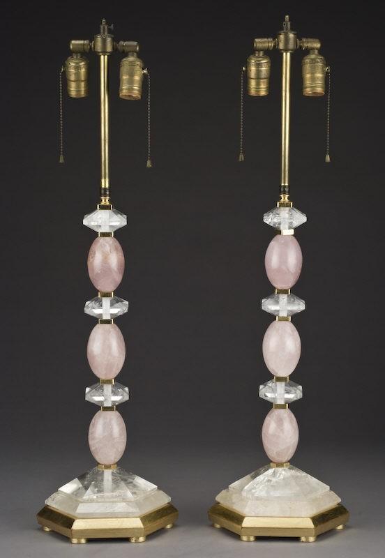 Pair Rock Crystal & Rose Quartz Gilded Table Lamps