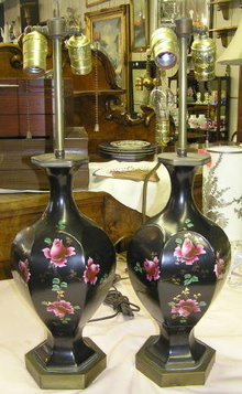 Pair Rose Painted Ceramic Table Lamps
