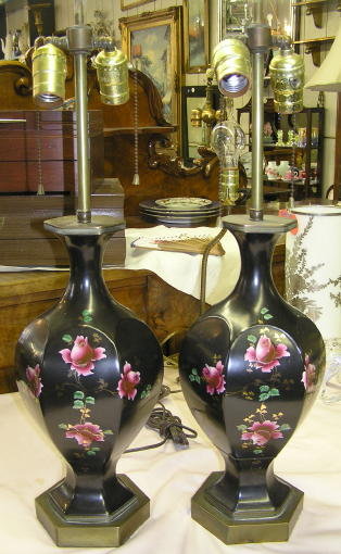 Pair Rose Painted Ceramic Table Lamps