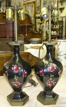 Pair Rose Painted Ceramic Table Lamps