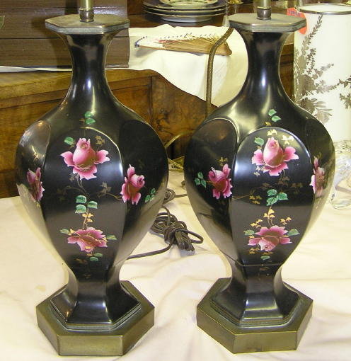 Pair Rose Painted Ceramic Table Lamps