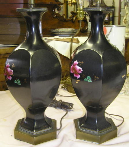 Pair Rose Painted Ceramic Table Lamps