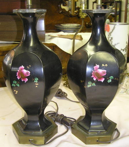 Pair Rose Painted Ceramic Table Lamps