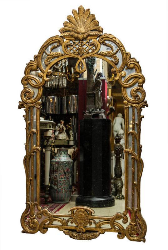 Antique French Louis XIV XV Style Carved Giltwood Overmantel Mirror