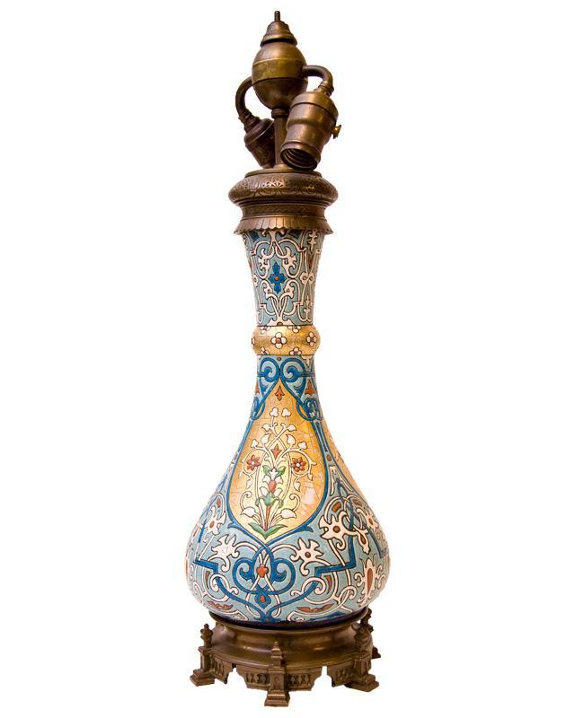 Antique Longwy Ottoman Orientalist Style Faience Pottery Vase Lamp