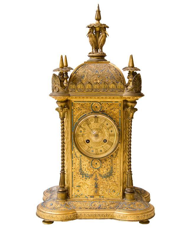 Antique French Napoleon III Gilt Metal Jewelled Mantle Clock