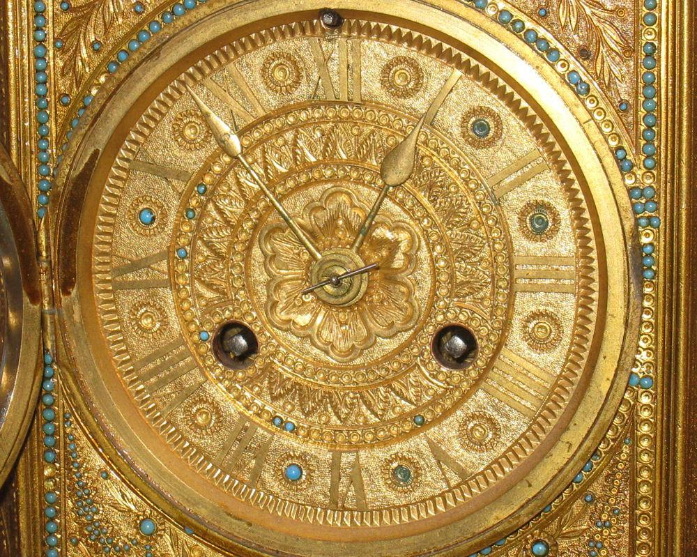Antique French Napoleon III Gilt Metal Jewelled Mantle Clock