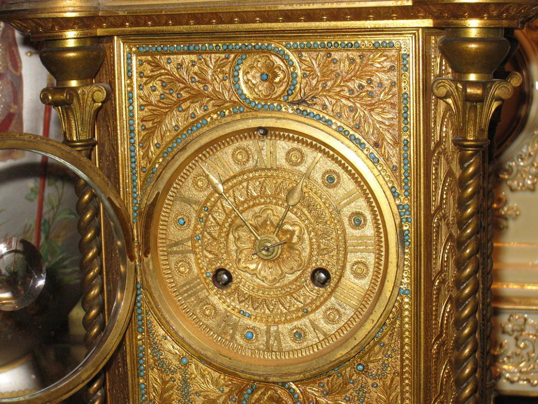 Antique French Napoleon III Gilt Metal Jewelled Mantle Clock