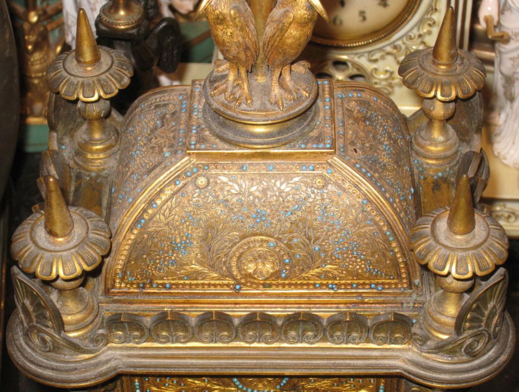 Antique French Napoleon III Gilt Metal Jewelled Mantle Clock