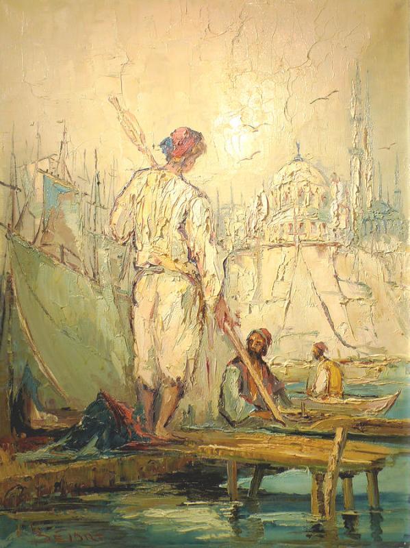 Orientalist Constantinople Istanbul Harbor Oil Painting by Bevort