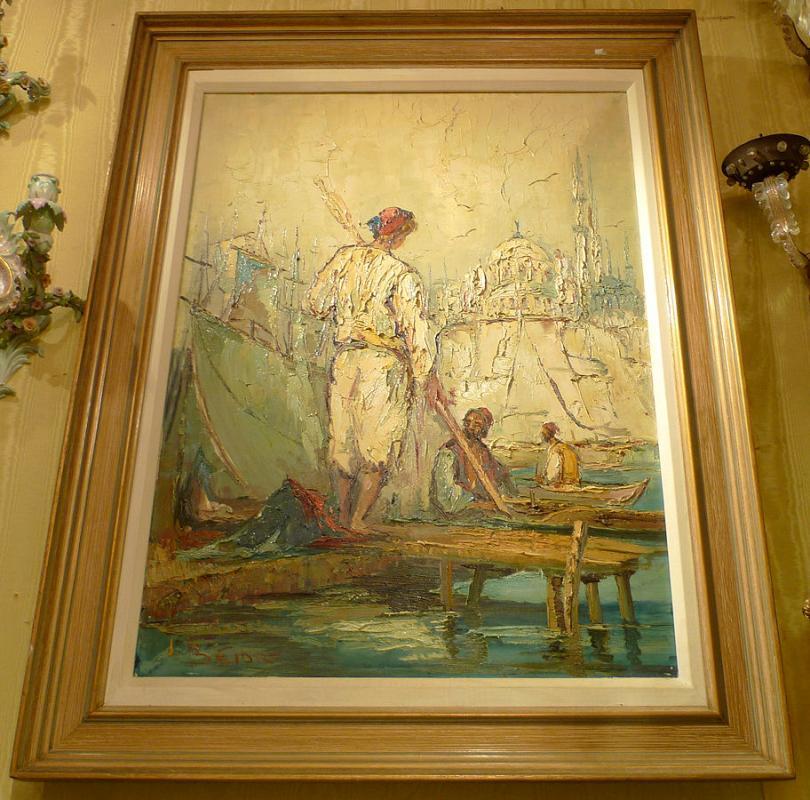 Orientalist Constantinople Istanbul Harbor Oil Painting by Bevort
