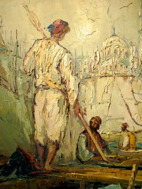 Orientalist Constantinople Istanbul Harbor Oil Painting by Bevort