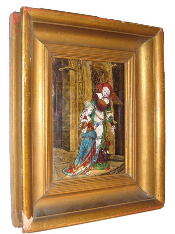 Antique Limoges French Enamel Plaque Medieval Court Scene