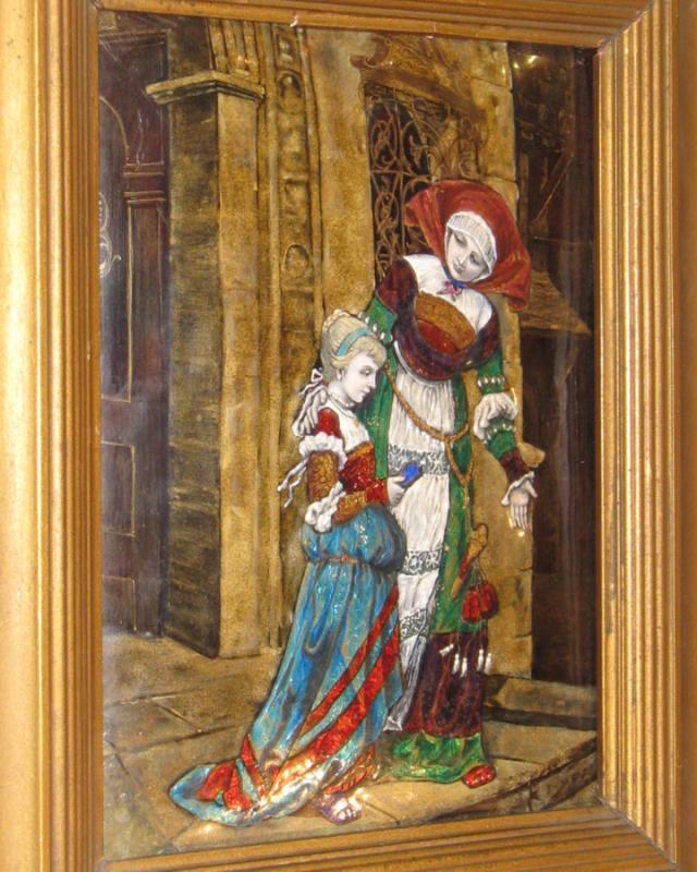 Antique Limoges French Enamel Plaque Medieval Court Scene