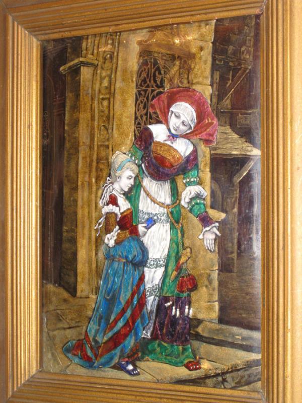 Antique Limoges French Enamel Plaque Medieval Court Scene