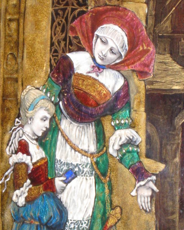 Antique Limoges French Enamel Plaque Medieval Court Scene