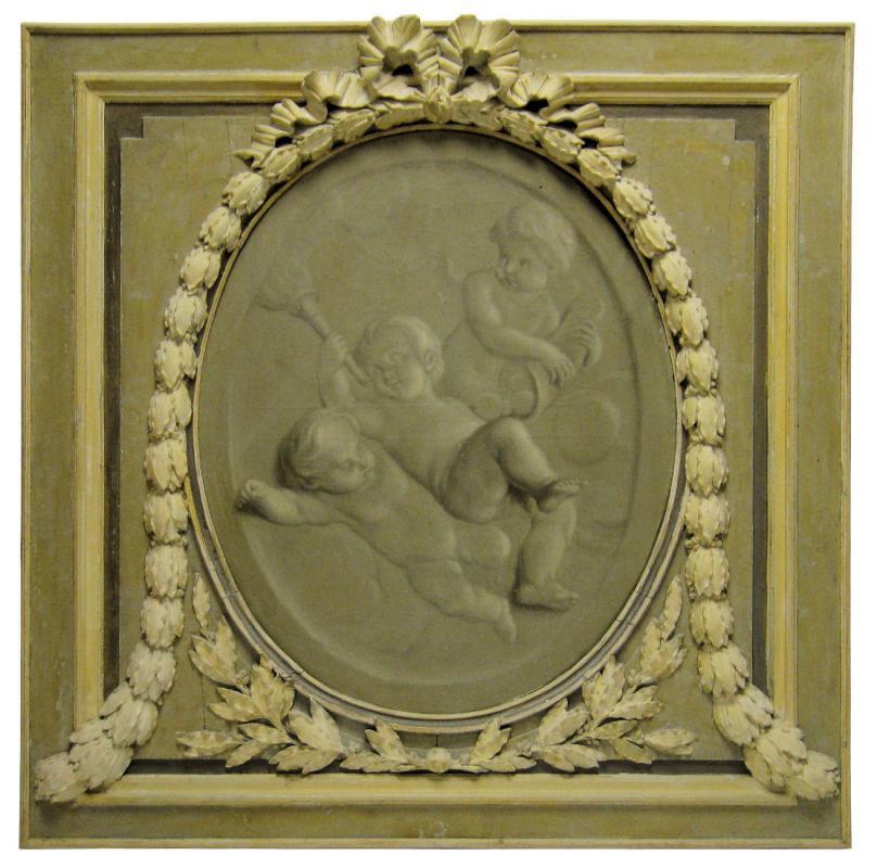 Antique Summer Allegorical Oil Painting with Cherubs or Putti En Grisaille