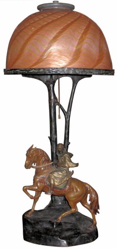 Bergman Orientalist Cold Painted Bronze Lamp with Glass Shade
