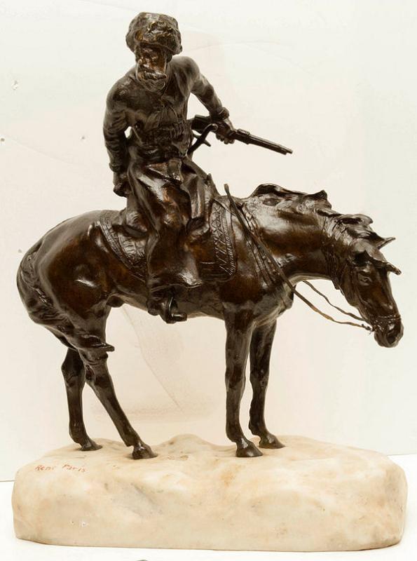 Antique Bronze Marble Figurine Sculpture of Russian Cossack on Horseback by RENE